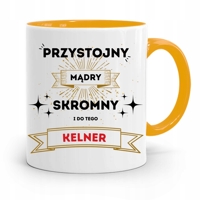 Dla Kelnera Kubek Żółty Przystojny Mądry Skromny Z Nadrukiem Ze Zdjęciem