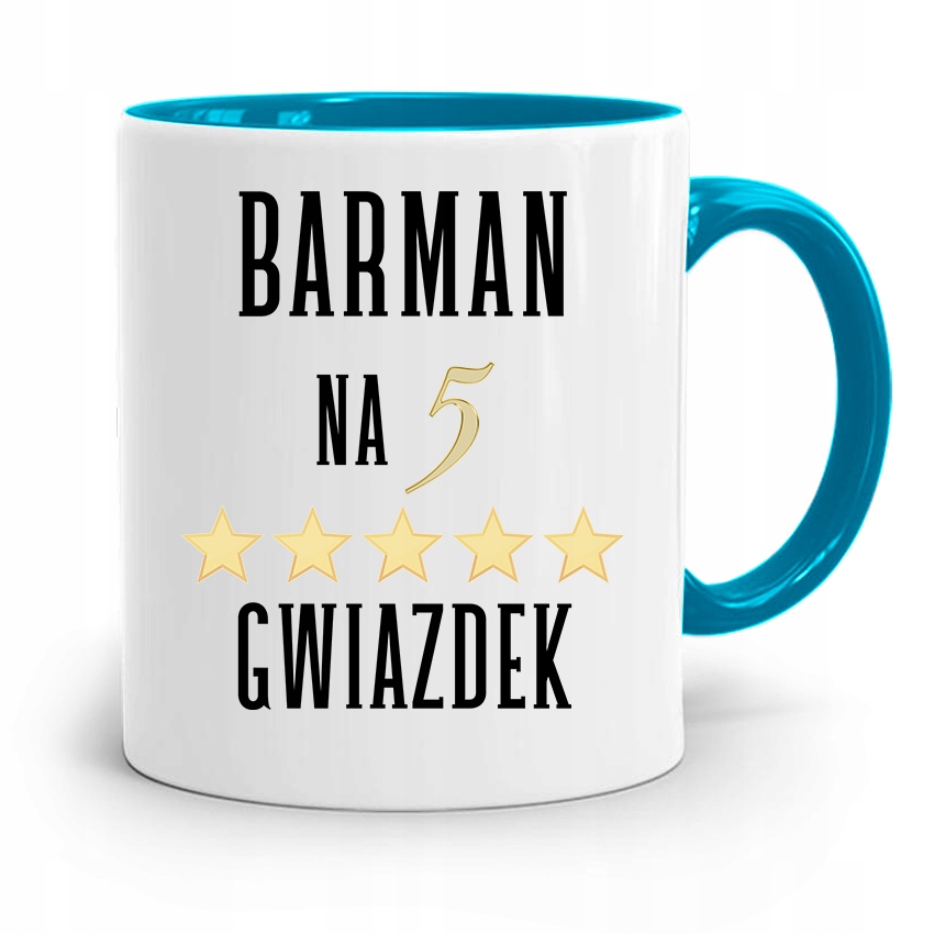 Kubek Błękitny Dla Barmana Na Pięć Gwiazdek Z Nadrukiem Ze Zdjęciem