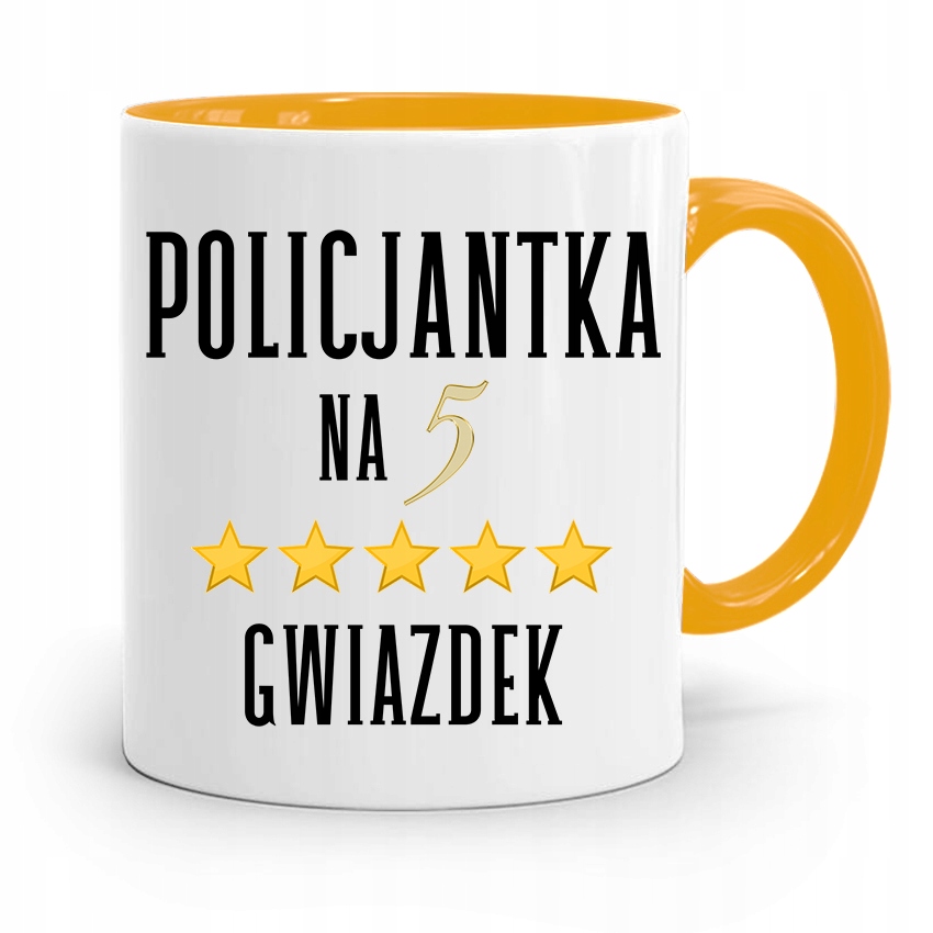 Kubek Żólty Dla Policjantki Na Pięć Gwiazdek Z Nadrukiem Ze Zdjęciem
