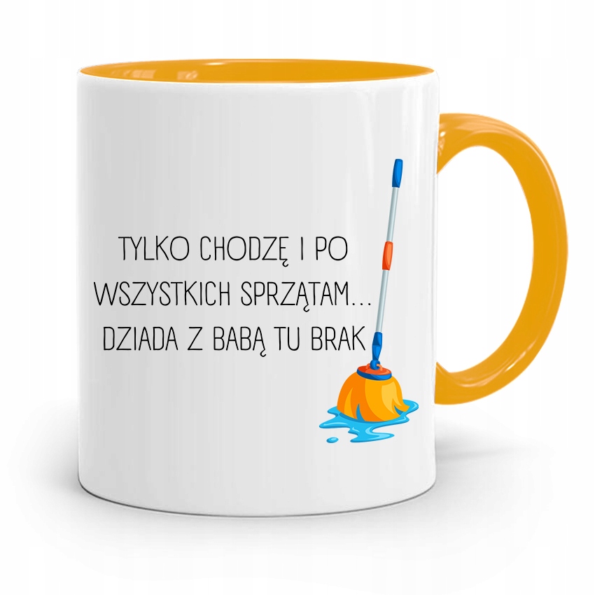 Kubek Żółty Dla Mamy Tylko Chodzę I Sprzątam Z Nadrukiem Ze Zdjęciem
