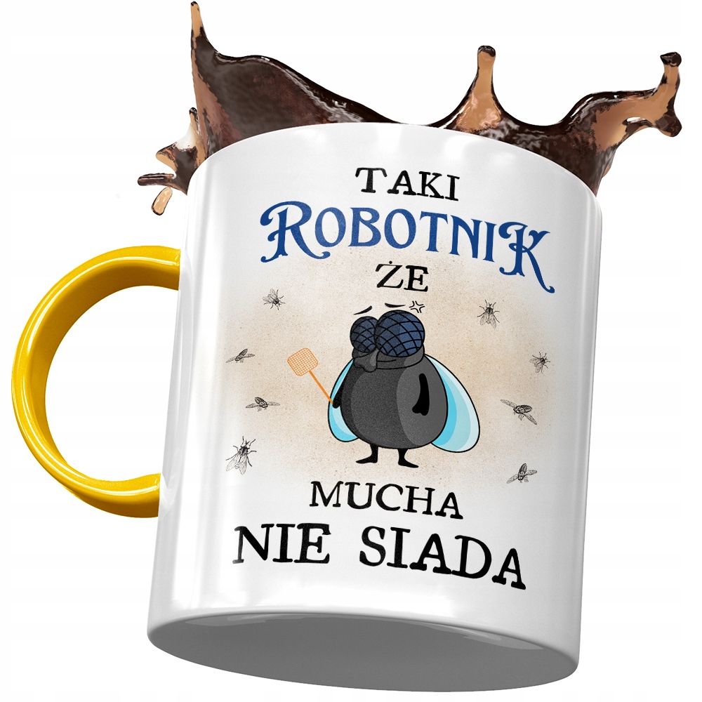 Kubek Żółty Dla Robotnika Że Mucha Nie Siada Z Nadrukiem Ze Zdjęciem