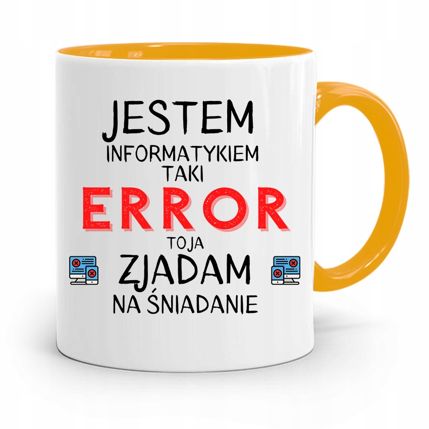 Kubek Żółty Informatyka Programisty Zjadam Error Z Nadrukiem Ze Zdjęciem