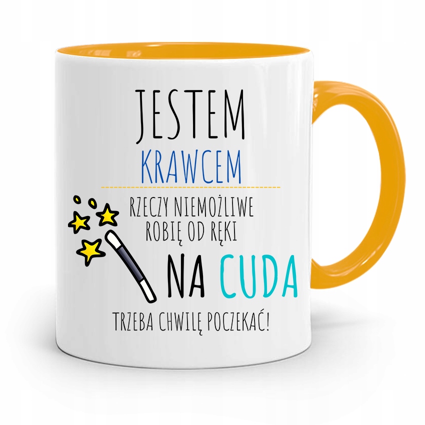 Kubek Żółty Dla Krawca Na Cuda Trzeba Poczekać Z Nadrukiem Ze Zdjęciem