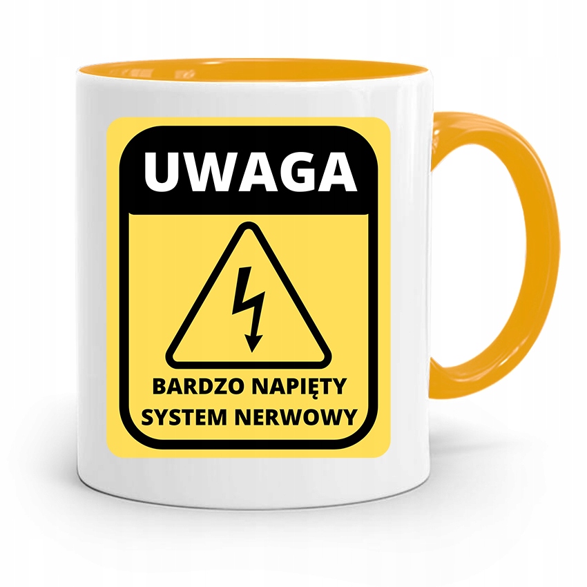 Kubek Żółty Śmieszny Zabawny Napięty System Uwaga Z Nadrukiem Ze Zdjęciem