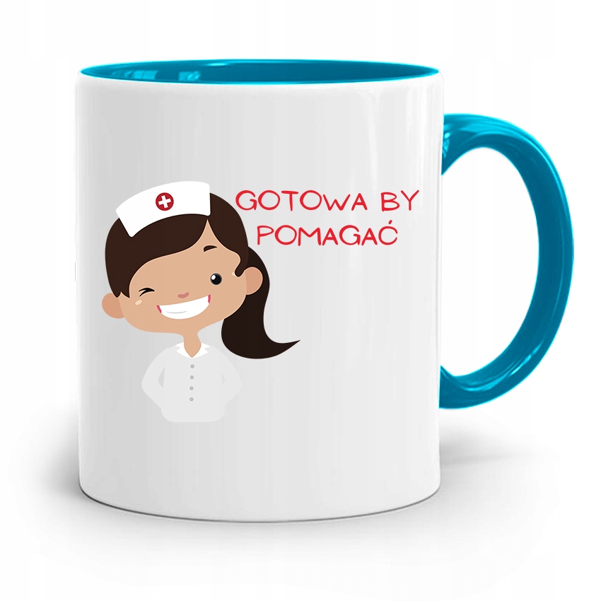 Kubek Błękitny Dla Pielęgniarki Gotowa By Pomagać Z Nadrukiem Ze Zdjęciem