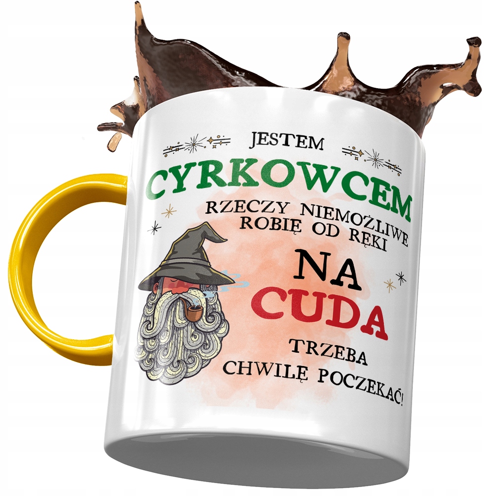 Kubek Żółty Dla Cyrkowca Na Cuda Trzeba Poczekać Z Nadrukiem Ze Zdjęciem
