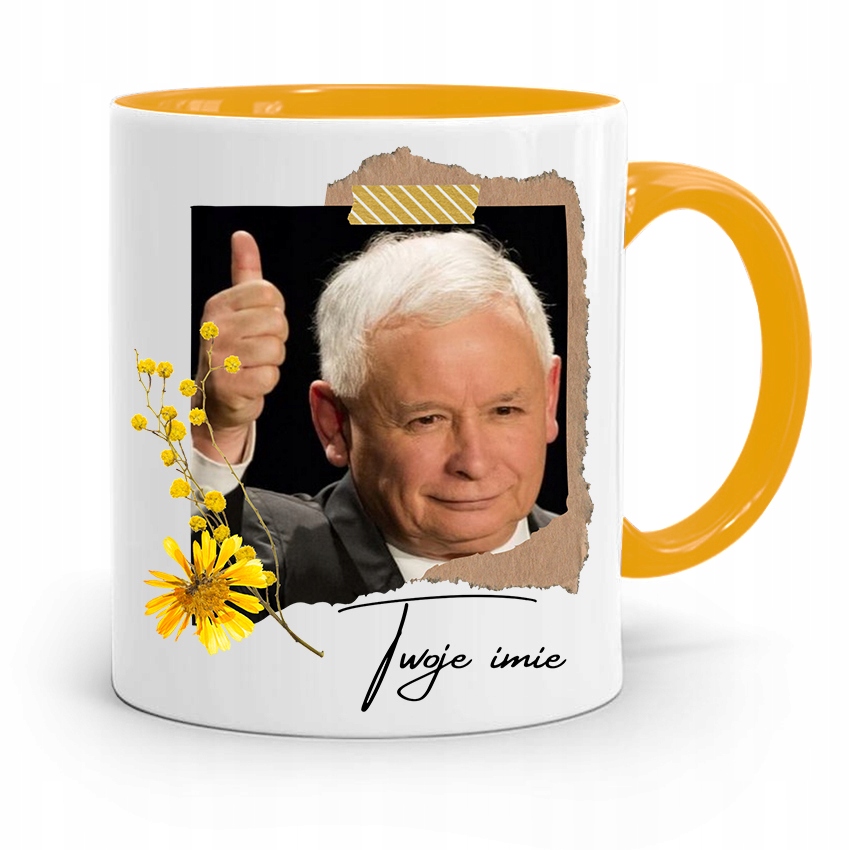 Kubek Żółty Prezent Prezesa Jarosław Kaczyński Pis Z Nadrukiem Ze Zdjęciem