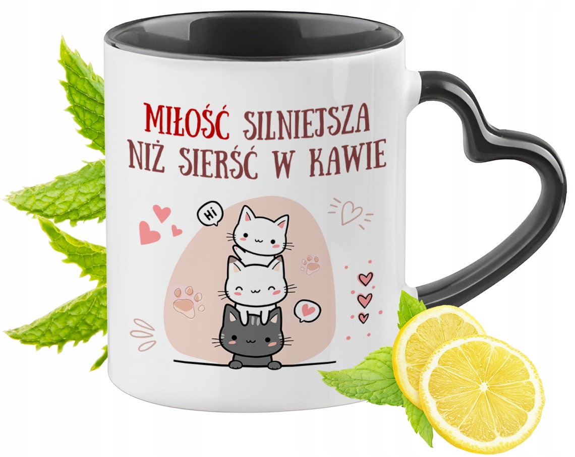 Kot Kotek Kotki Kubek Czarny Z Uszkiem W Kształcie Serca Na Prezent