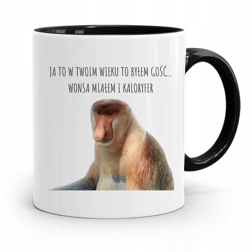 Kubek Czarny Śmieszny Nosacz Janusz W Twoim Wieku Z Nadrukiem Ze Zdjęciem