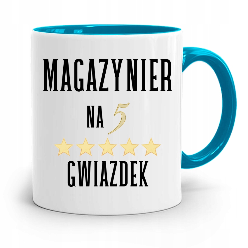 Kubek Błękitny Dla Magazyniera Na Pięć Gwiazdek Z Nadrukiem Ze Zdjęciem