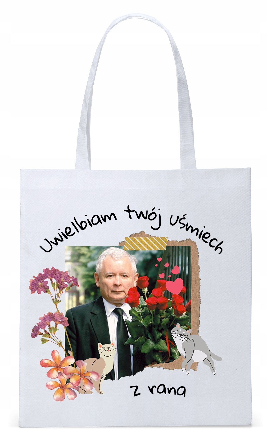 Śmieszny Pis Kaczyński Torba Eco Biała Shopper Z Nadrukiem Ze Zdjęciem