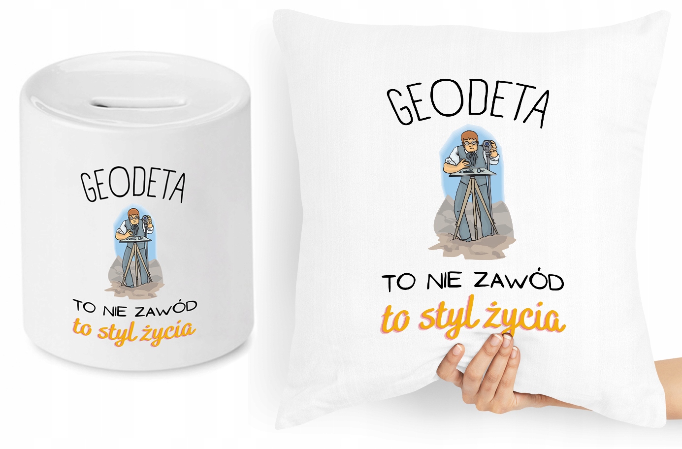 Dla Geodety Zestaw Poduszka + Skarbonka Prezent Z Nadrukiem Ze Zdjęciem