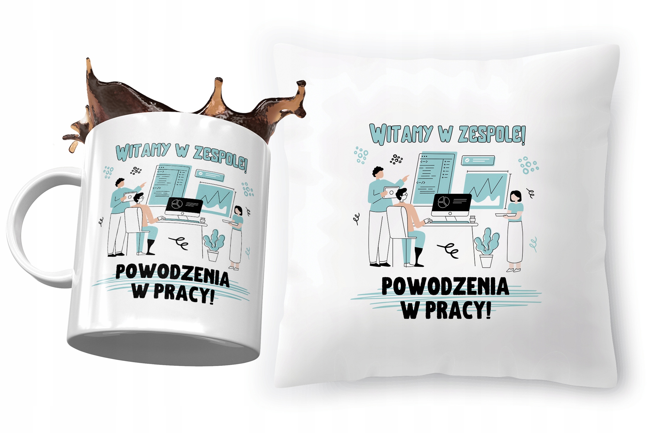 Zestaw Powitanie W Pracy Poduszka + Kubek Prezent Z Nadrukiem Ze Zdjęciem