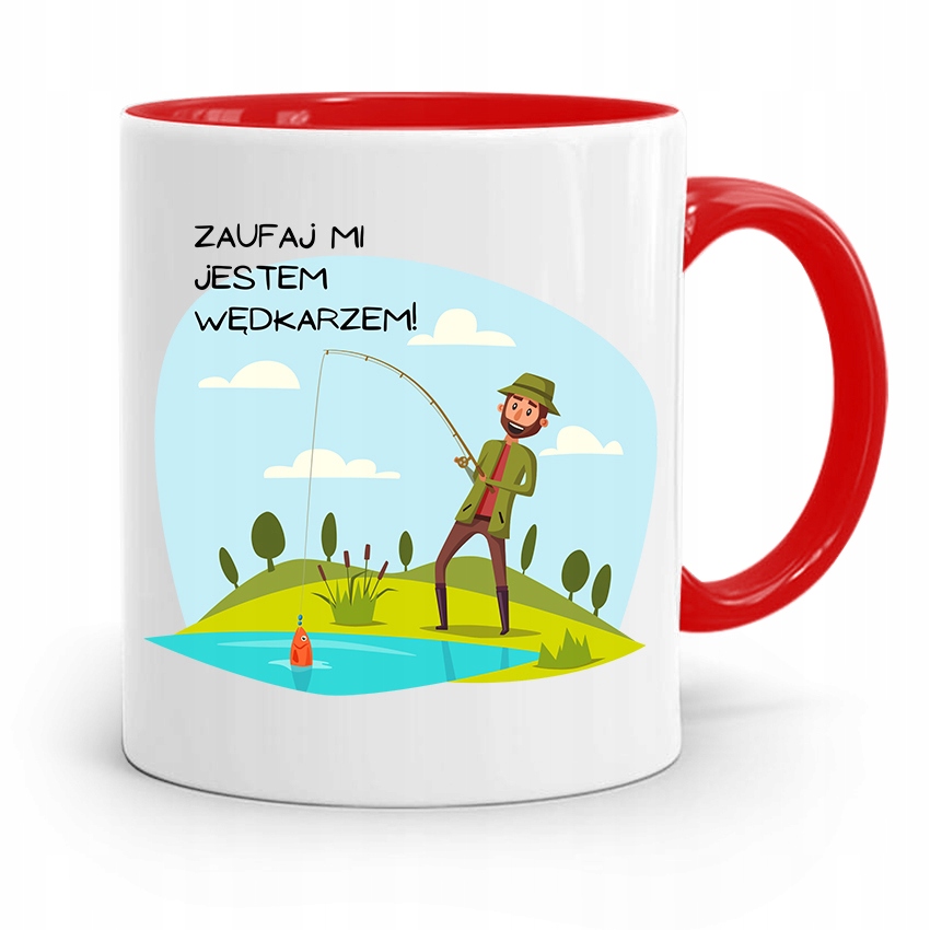 Kubek Czerwony Wędkarza Zaufaj Mi Jestem Wędkarzem Z Nadrukiem Ze Zdjęciem