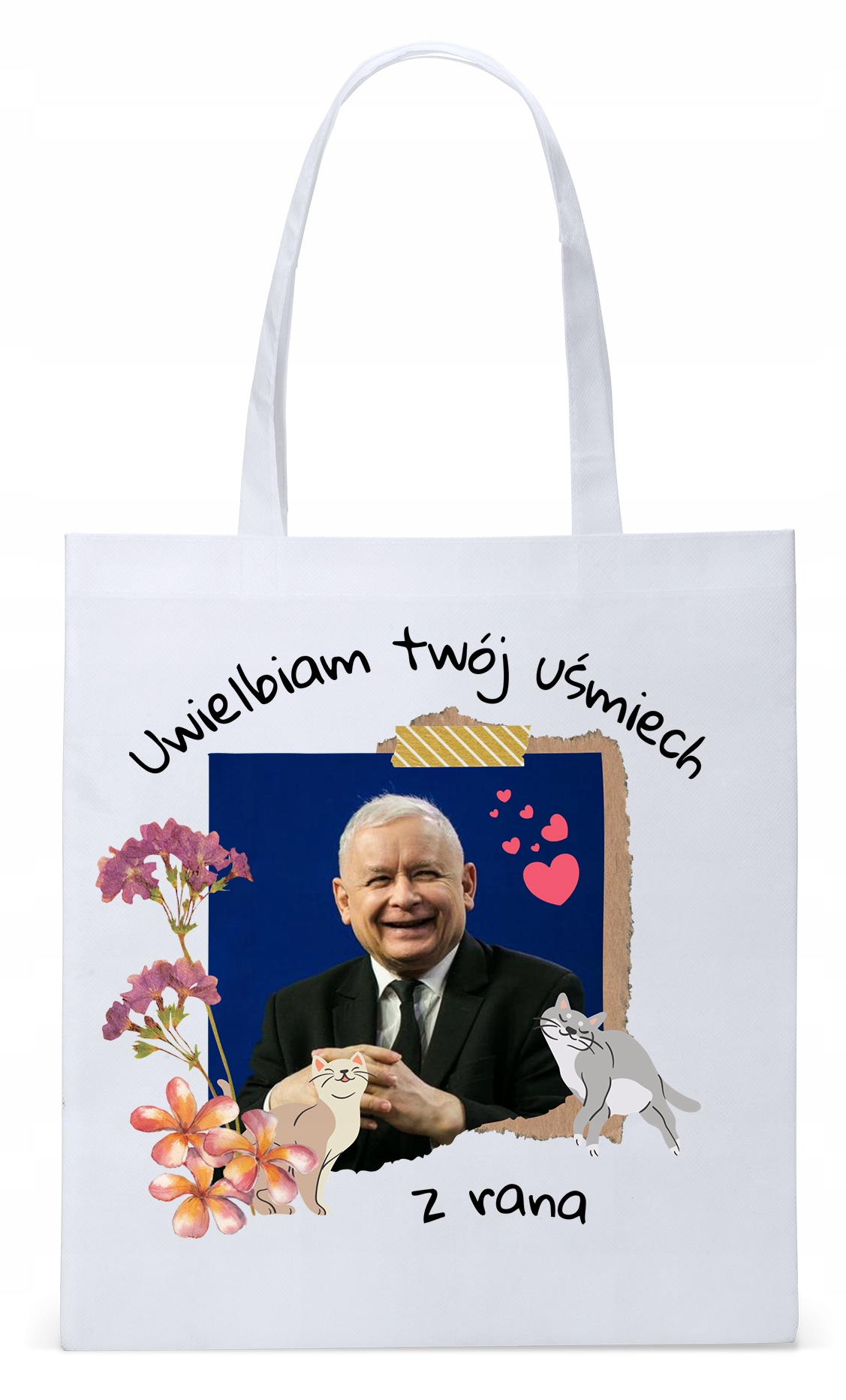 Śmieszny Pis Kaczyński Torba Eco Biała Shopper Z Nadrukiem Ze Zdjęciem