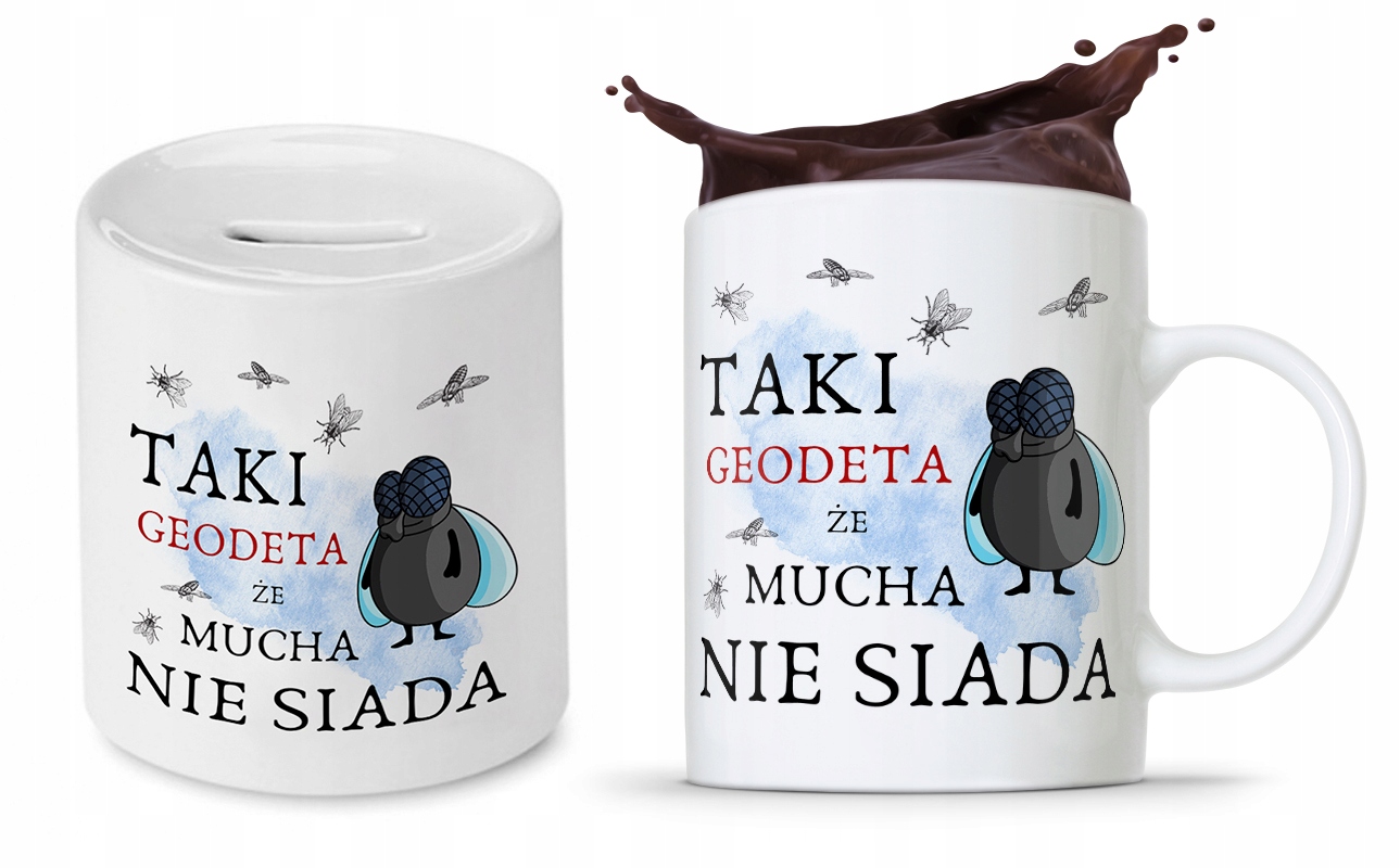 Dla Geodety Na Prezent Zestaw Kubek + Skarbonka Z Nadrukiem Ze Zdjęciem