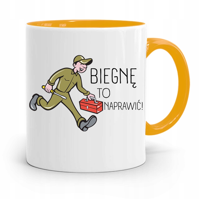 Kubek Żółty Prezent Mechanika Biegnę To Naprawić Z Nadrukiem Ze Zdjęciem