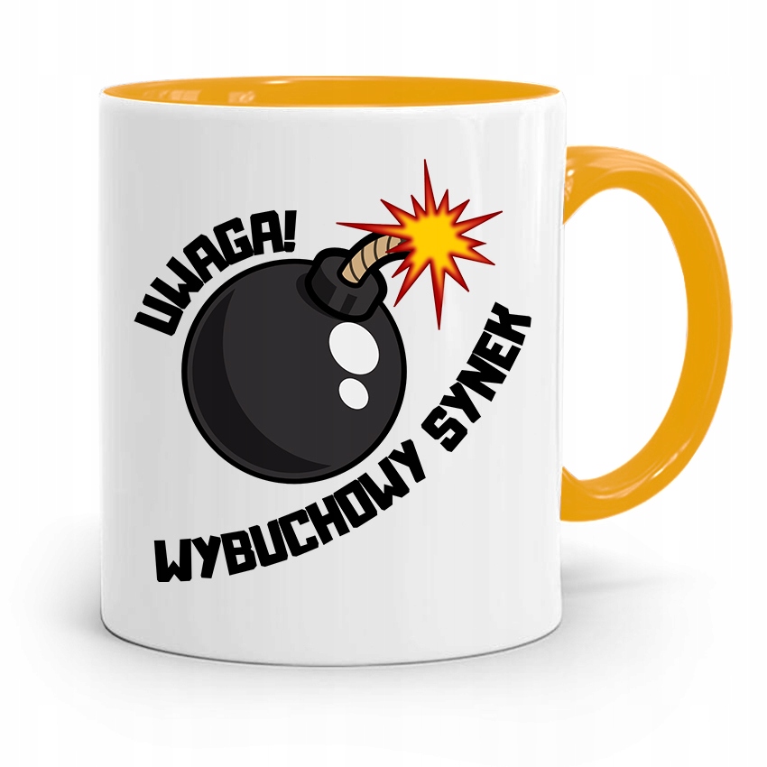 Kubek Żółty Prezent Dla Syna Uwaga Wybuchowy Synek Z Nadrukiem Ze Zdjęciem