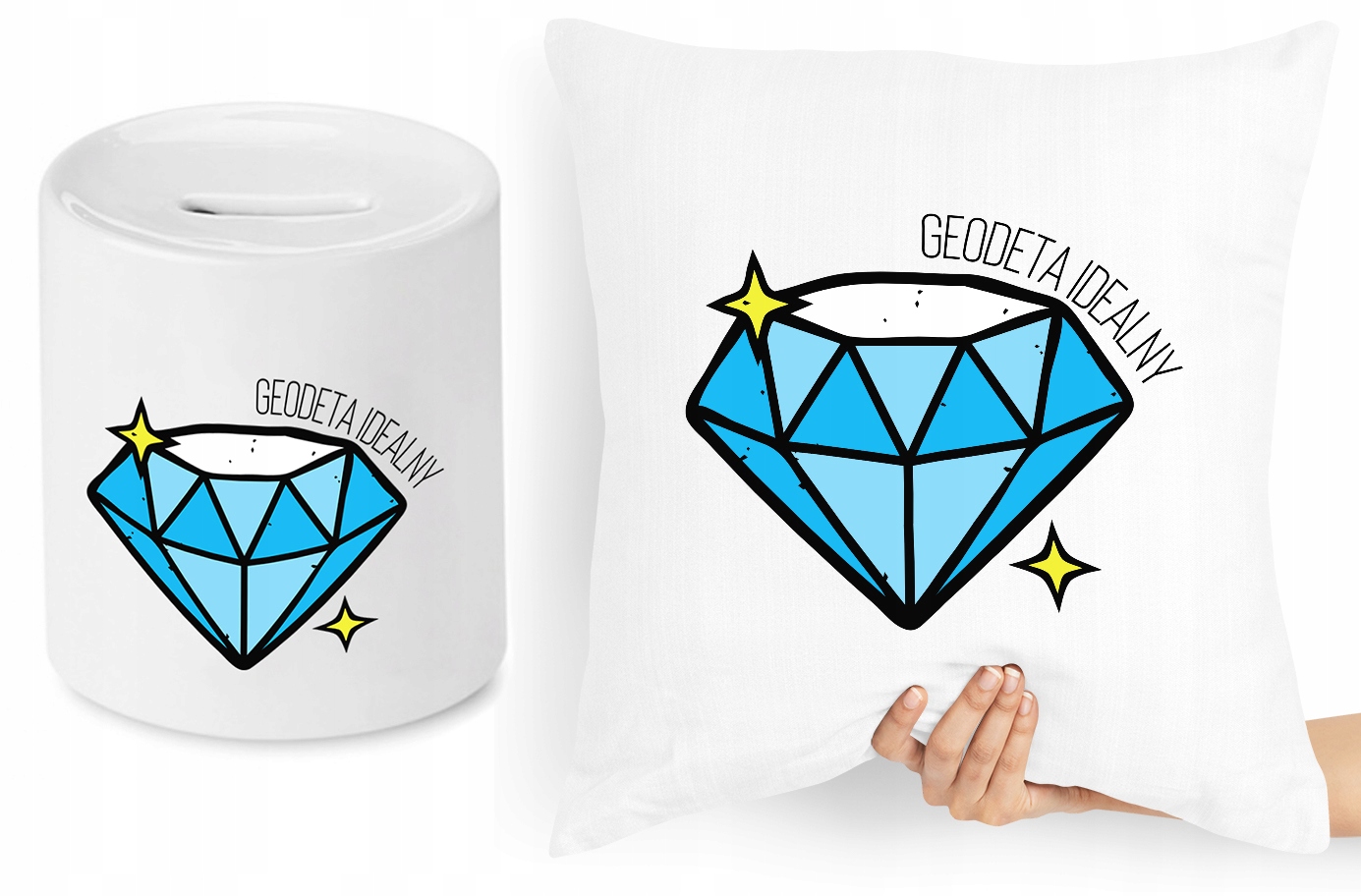 Dla Geodety Zestaw Poduszka + Skarbonka Prezent Z Nadrukiem Ze Zdjęciem