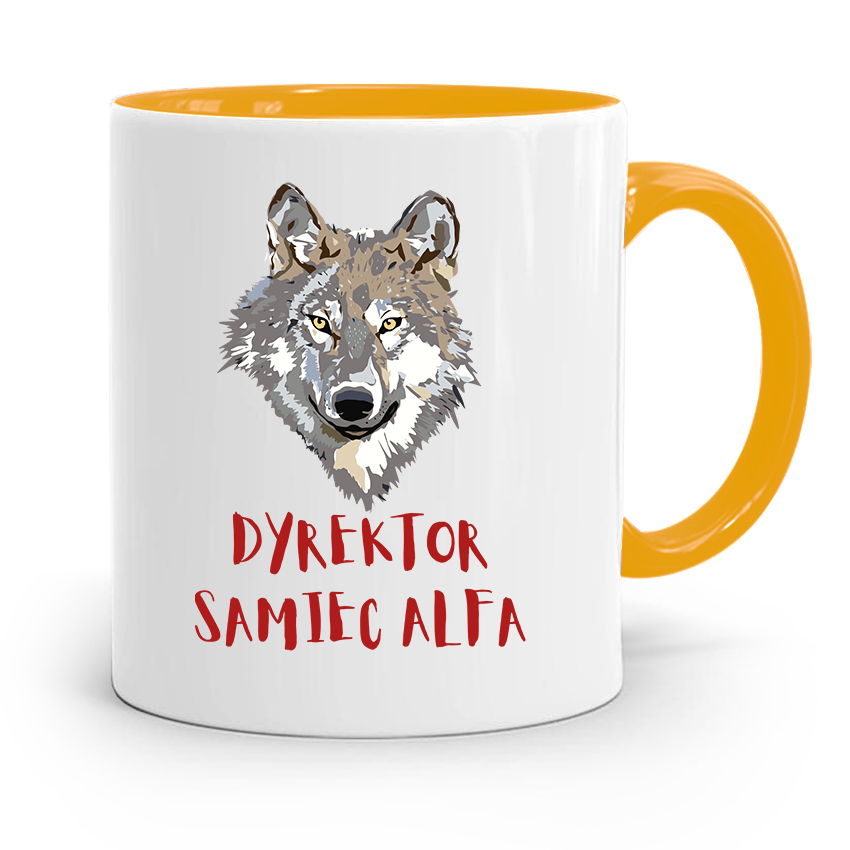Dla Dyrektora Kubek Żółty Dyrektor Samiec Alfa Z Nadrukiem Ze Zdjęciem