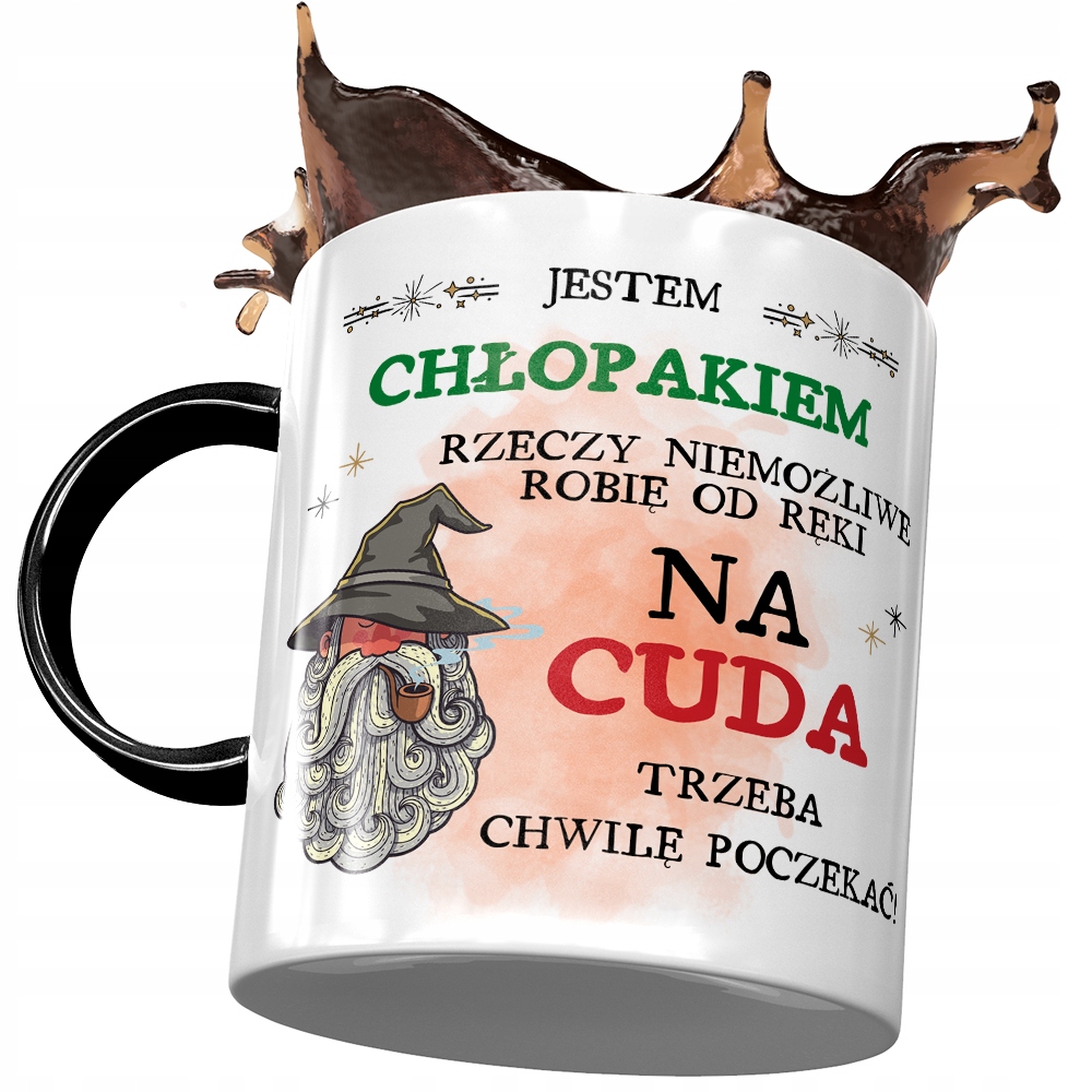 Kubek Czarny Chłopaka Na Cuda Trzeba Poczekać Z Nadrukiem Ze Zdjęciem