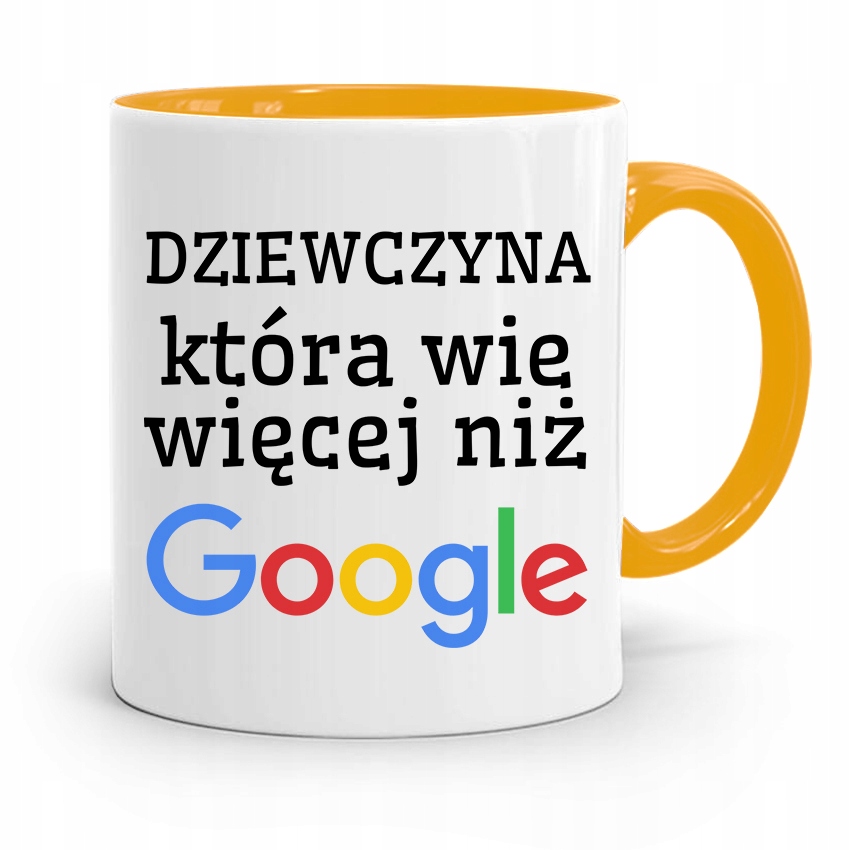Kubek Żółty Dla Dziewczyny Wie Więcej Niż Google Z Nadrukiem Ze Zdjęciem