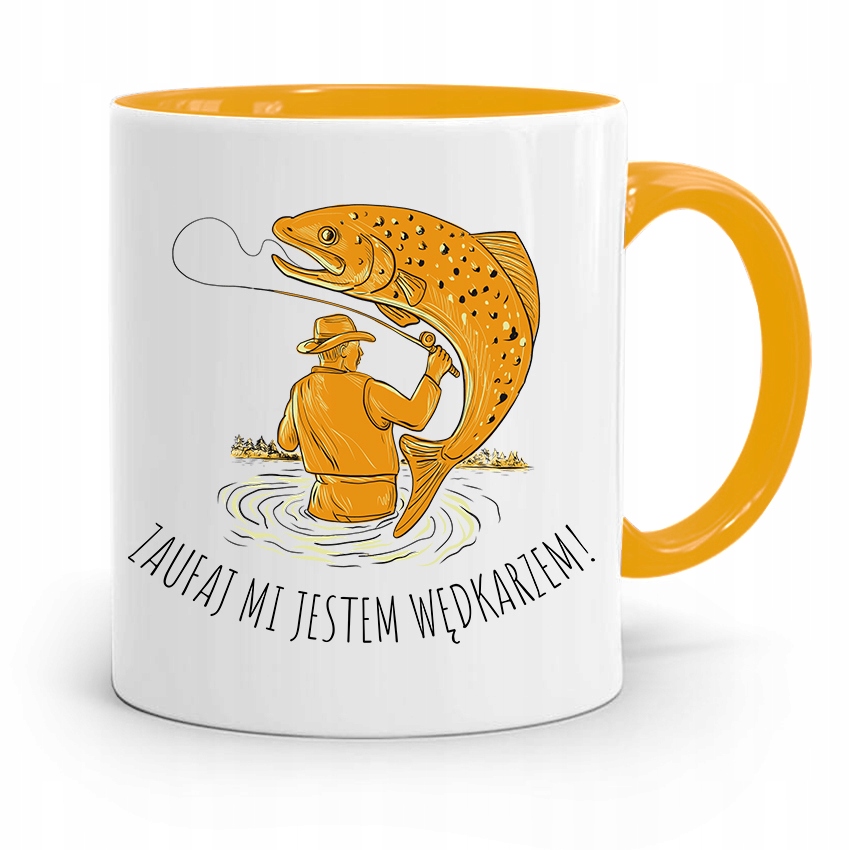 Kubek Żółty Wędkarza Zaufaj Mi Jestem Wędkarzem Z Nadrukiem Ze Zdjęciem