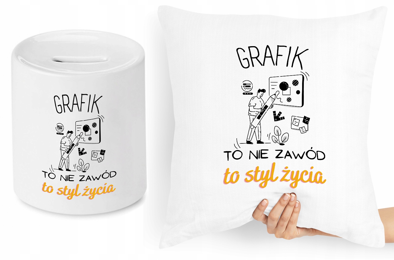 Dla Grafika Zestaw Poduszka + Skarbonka Prezent Z Nadrukiem Ze Zdjęciem