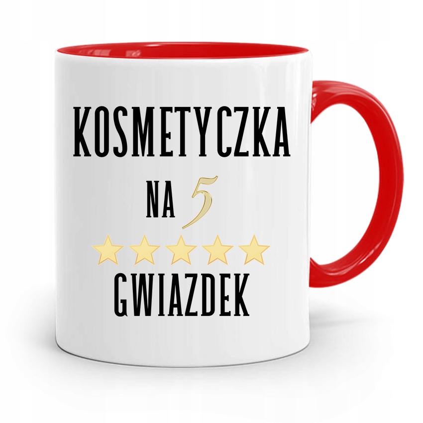 Kubek Czerwony Dla Kosmetyczki Na Pięć Gwiazdek Z Nadrukiem Ze Zdjęciem