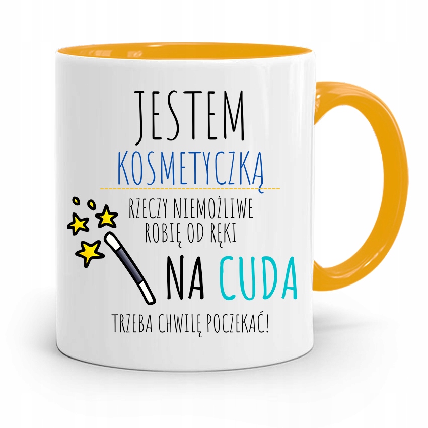 Kubek Żółty Dla Kosmetyczki Na Cuda Trzeba Czekać Z Nadrukiem Ze Zdjęciem