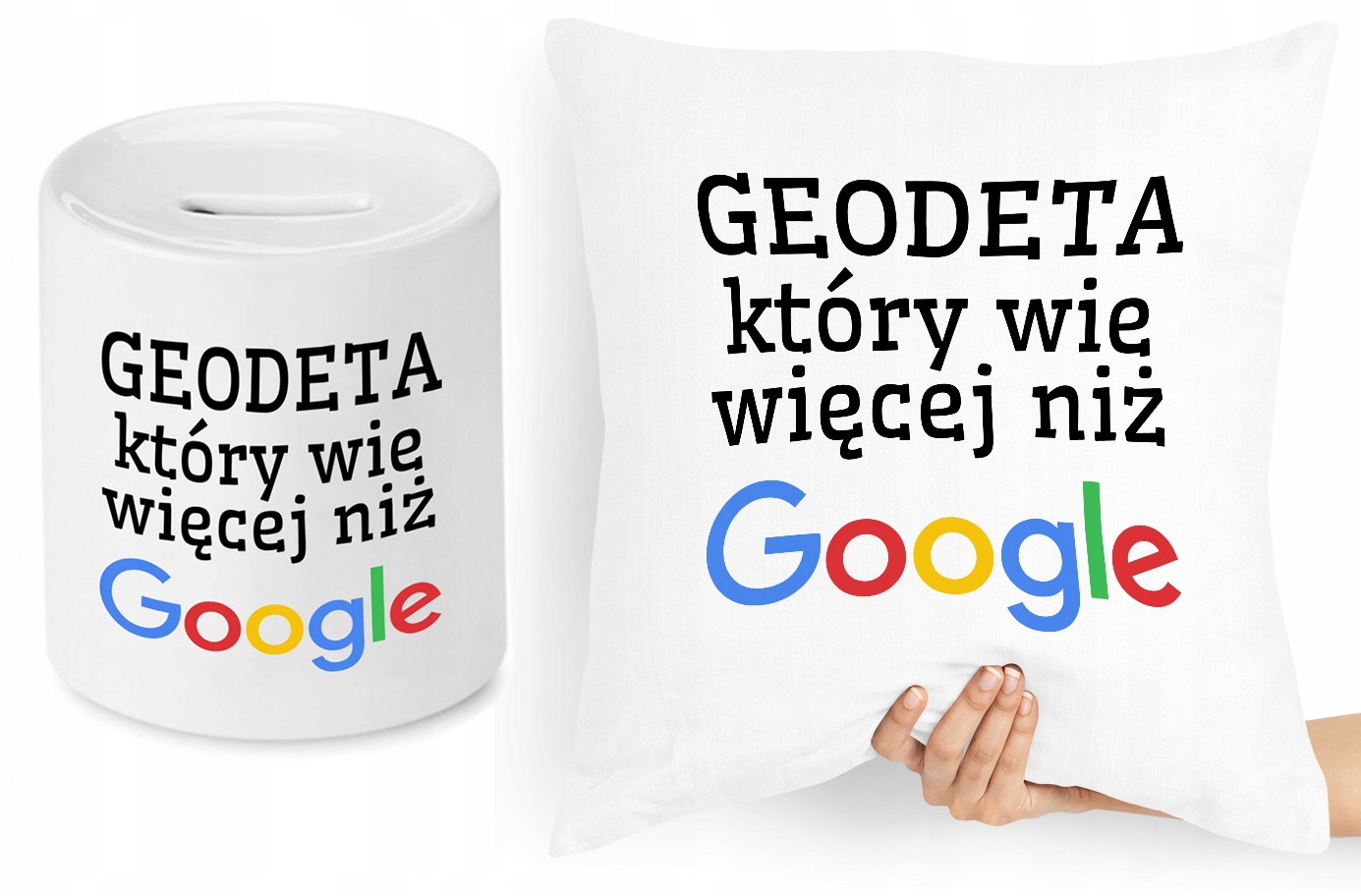 Dla Geodety Zestaw Poduszka + Skarbonka Prezent Z Nadrukiem Ze Zdjęciem