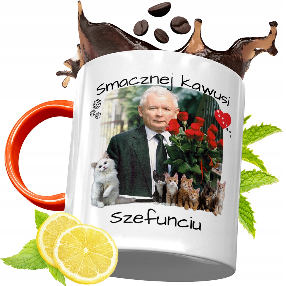 Kubek Pomarańczowy Prezesa Pis Jarosław Kaczyński Z Nadrukiem Ze Zdjęciem