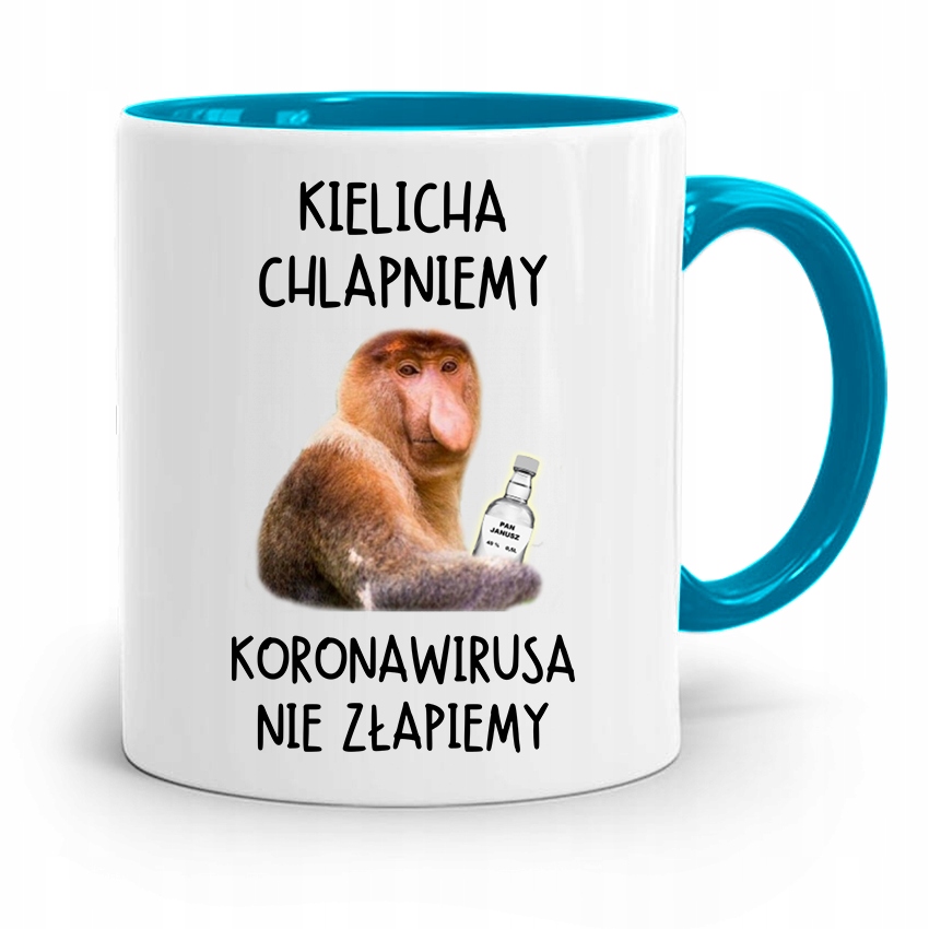 Kubek Błękitny Nosacz Janusz Kielicha Chlapniemy Z Nadrukiem Ze Zdjęciem
