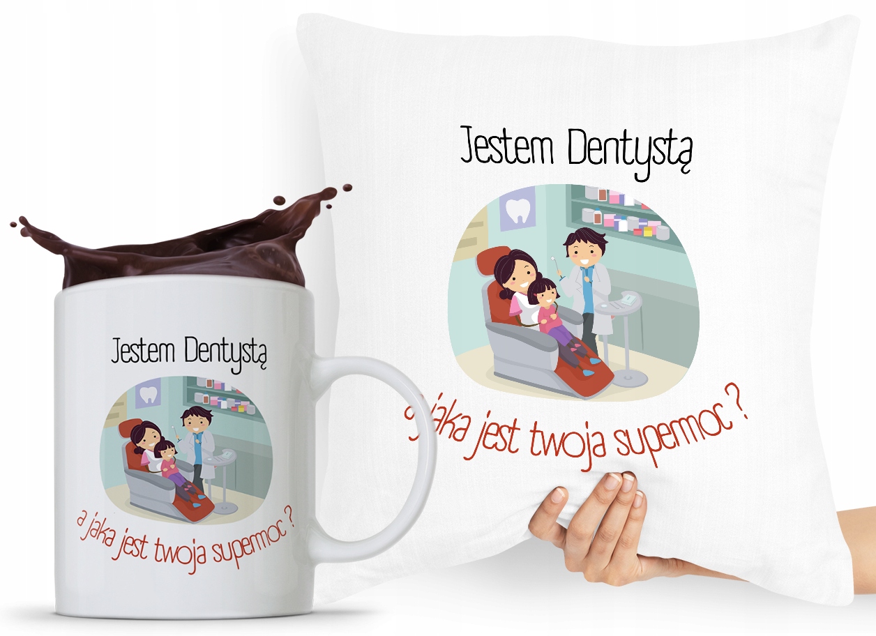 Zestaw Prezentowy Poduszka + Kubek Dla Dentysty Z Nadrukiem Ze Zdjęciem