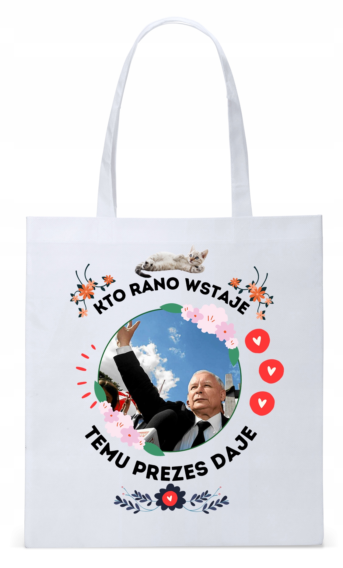 Śmieszny Pis Kaczyński Torba Eco Biała Shopper Z Nadrukiem Ze Zdjęciem