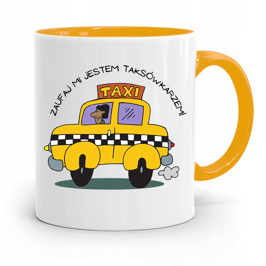 Kubek Żółty Dla Taksówkarza Zaufaj Mi Jestem Z Nadrukiem Ze Zdjęciem