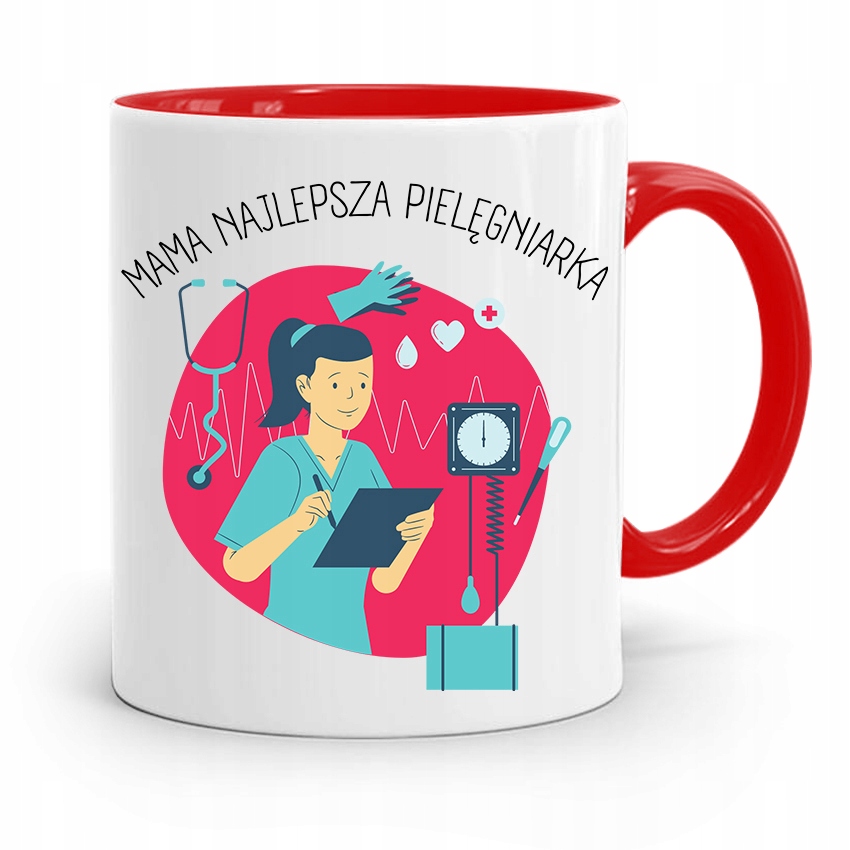 Kubek Czerwony Dla Najlepszej Mamy Pielęgniarki Z Nadrukiem Ze Zdjęciem