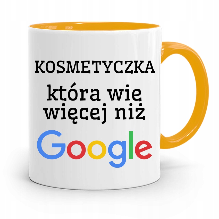 Kubek Żółty Kosmetyczki Wie Więcej Niż Google Z Nadrukiem Ze Zdjęciem