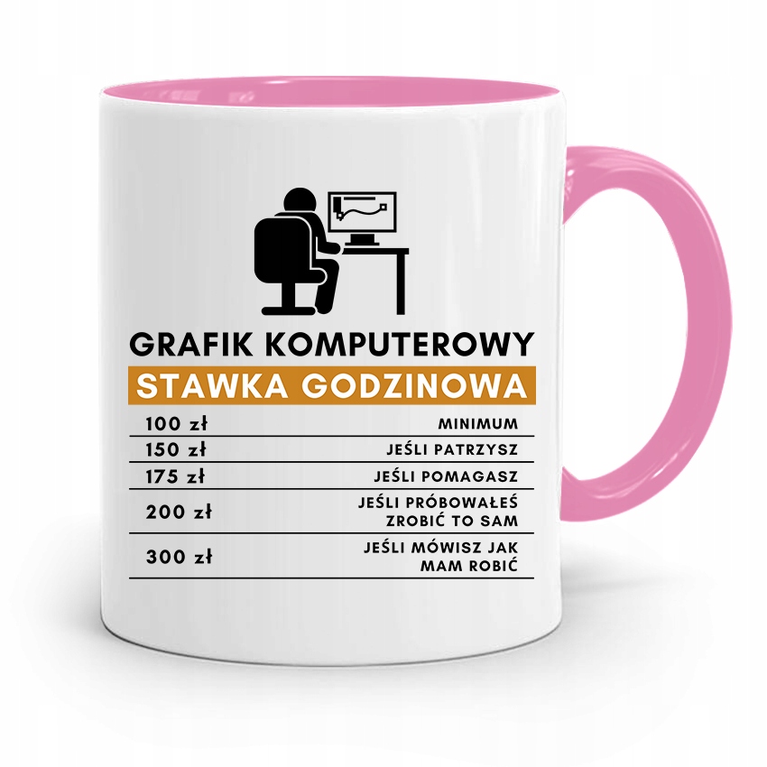 Kubek Różowy Prezent Dla Grafika Stawka Godzinowa Z Nadrukiem Ze Zdjęciem