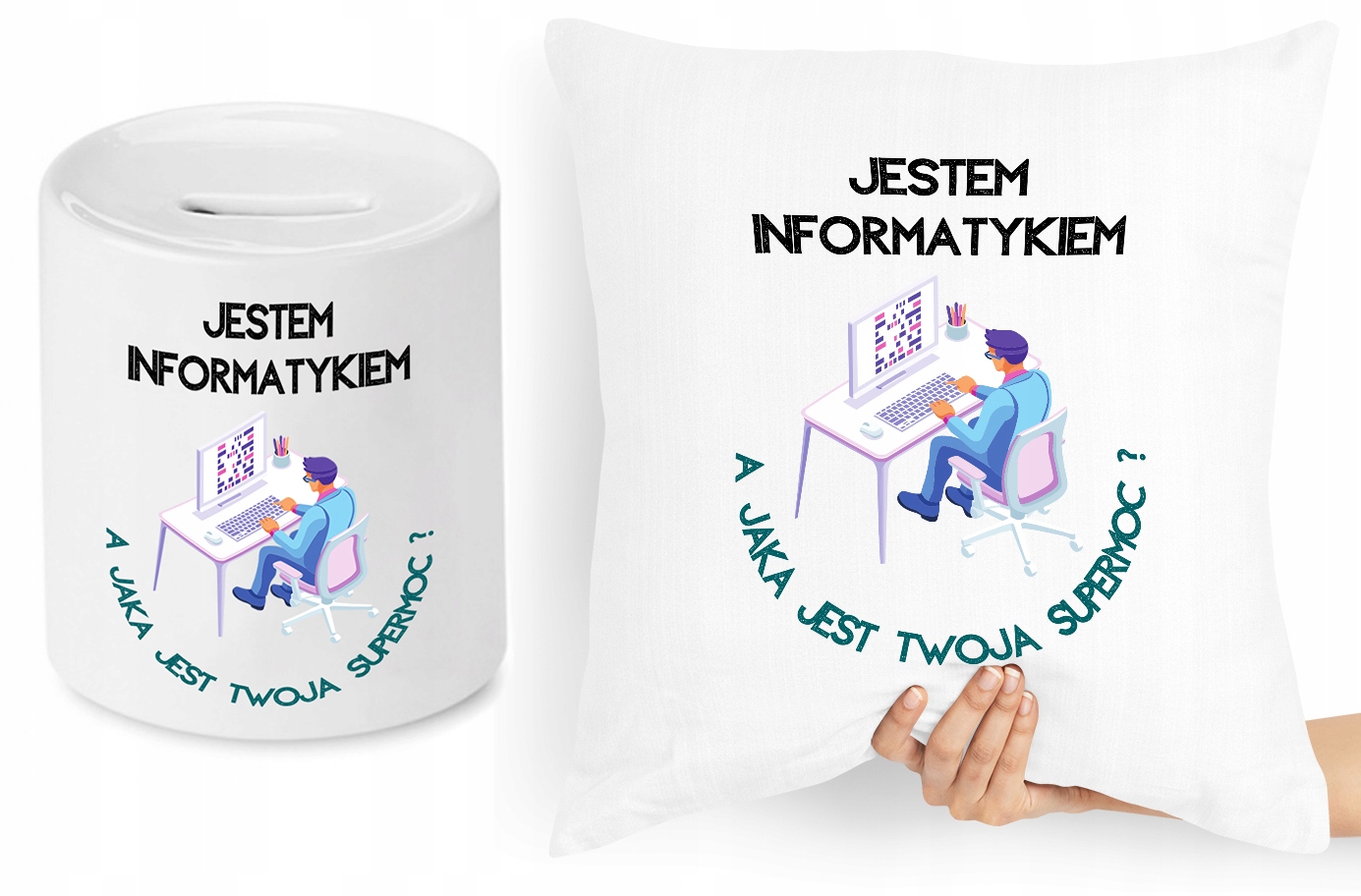 Dla Informatyka Zestaw Poduszka + Skarbonka Z Nadrukiem Ze Zdjęciem