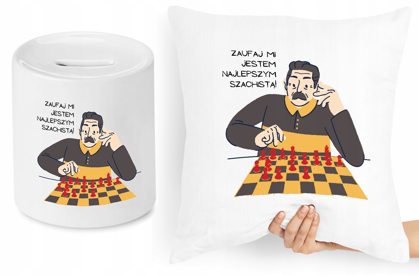 Dla Szachisty Zestaw Poduszka + Skarbonka Prezent Z Nadrukiem Ze Zdjęciem