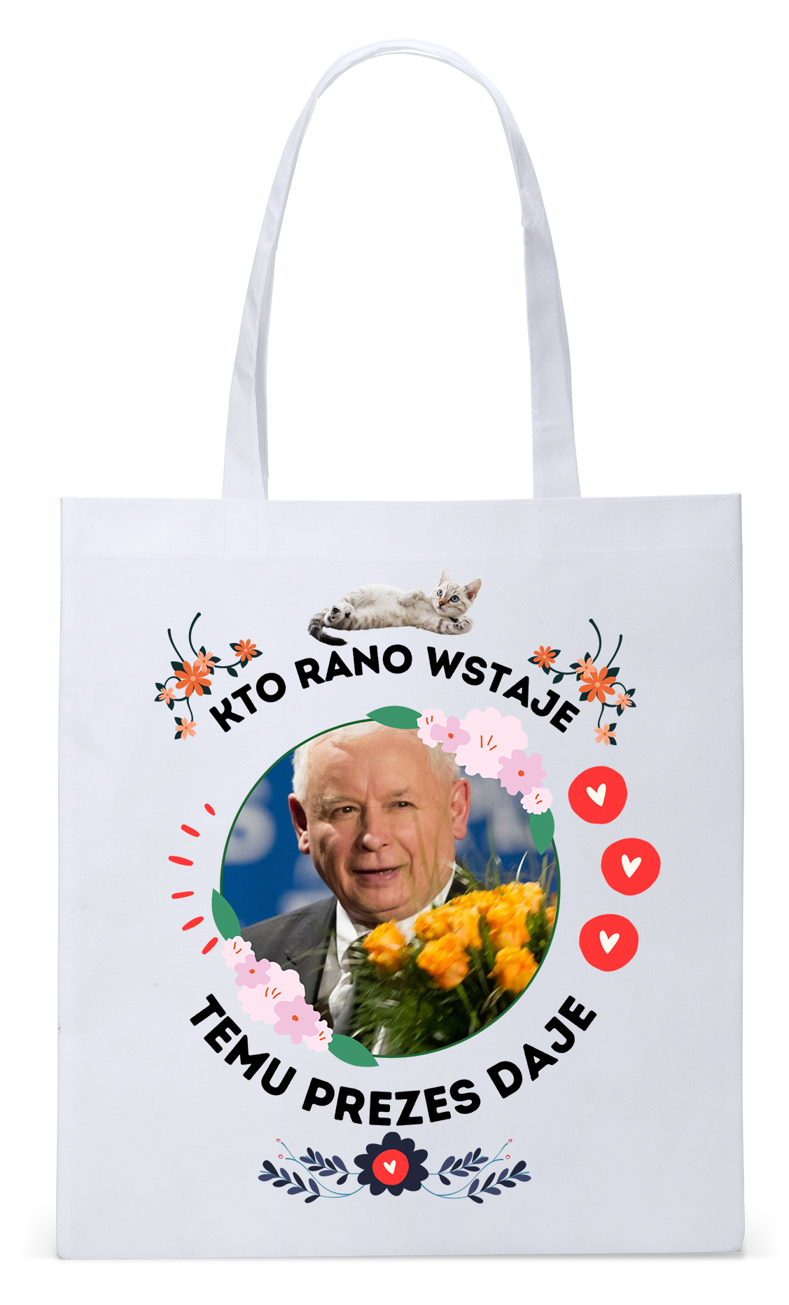 Śmieszny Pis Kaczyński Torba Eco Biała Shopper Z Nadrukiem Ze Zdjęciem