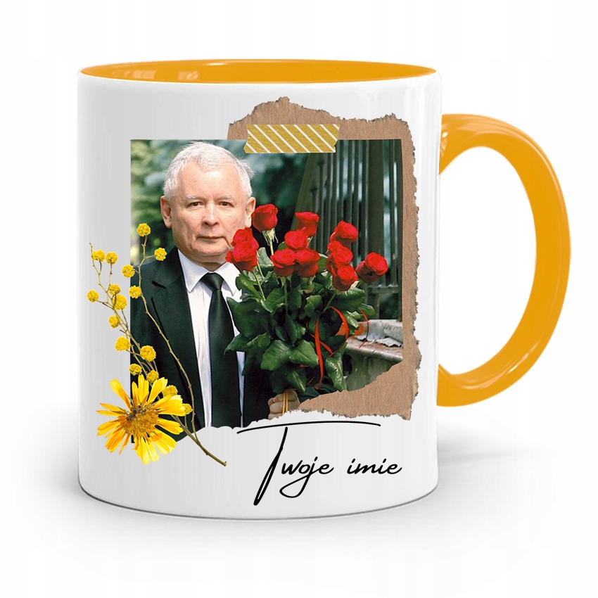 Kubek Żółty Prezent Prezesa Jarosław Kaczyński Pis Z Nadrukiem Ze Zdjęciem