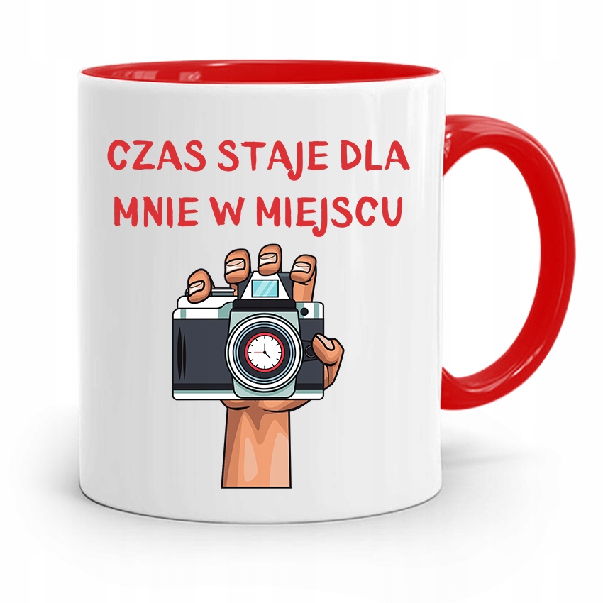 Kubek Czerwony Fotografa Czas Staje W Miejscu Z Nadrukiem Ze Zdjęciem
