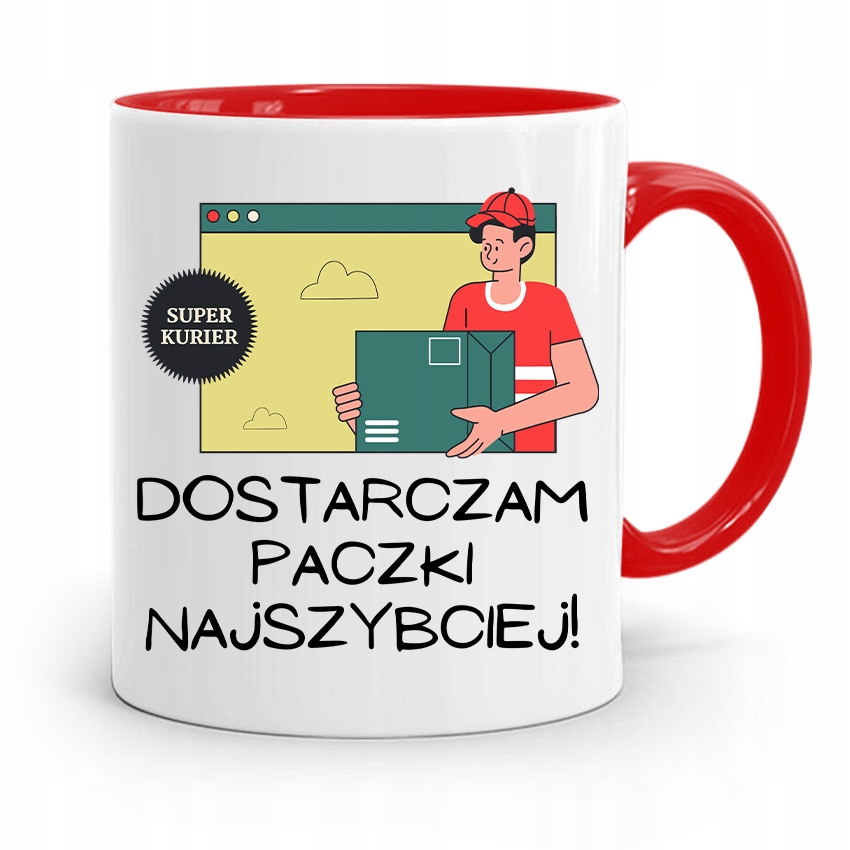 Kubek Czerwony Dla Kuriera Dostarczam Paczki Z Nadrukiem Ze Zdjęciem