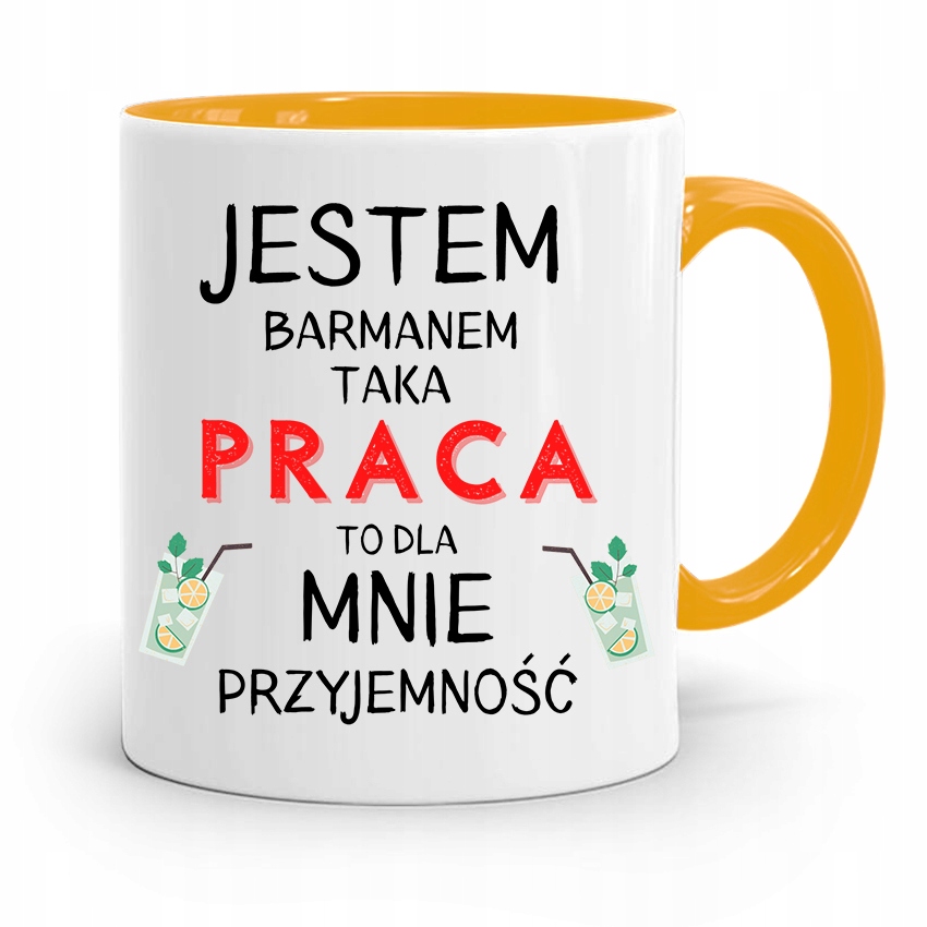 Kubek Żółty Dla Barmana Taka Praca To Przyjemność Z Nadrukiem Ze Zdjęciem