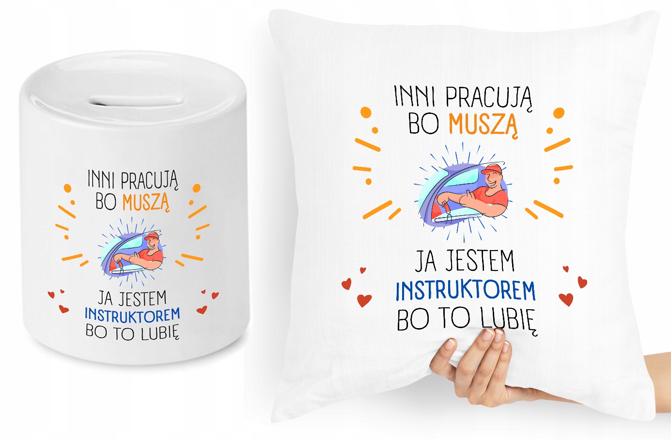 Dla Instruktora Zestaw Poduszka + Skarbonka Z Nadrukiem Ze Zdjęciem