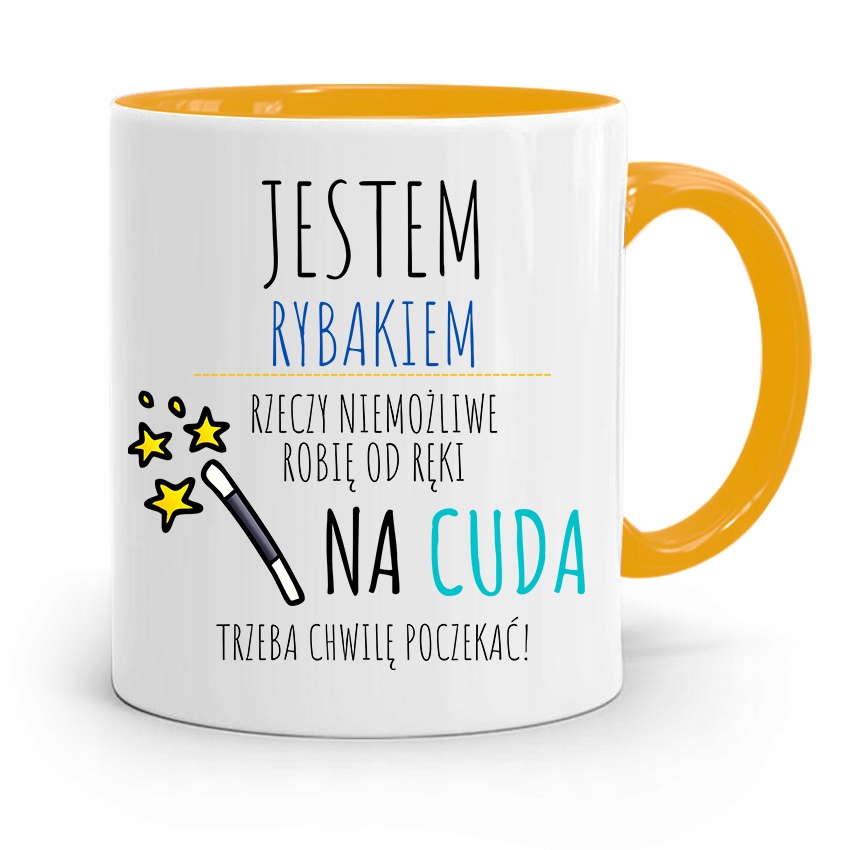 Kubek Żółty Wędkarza Na Cuda Trzeba Czekać Prezent Z Nadrukiem Ze Zdjęciem