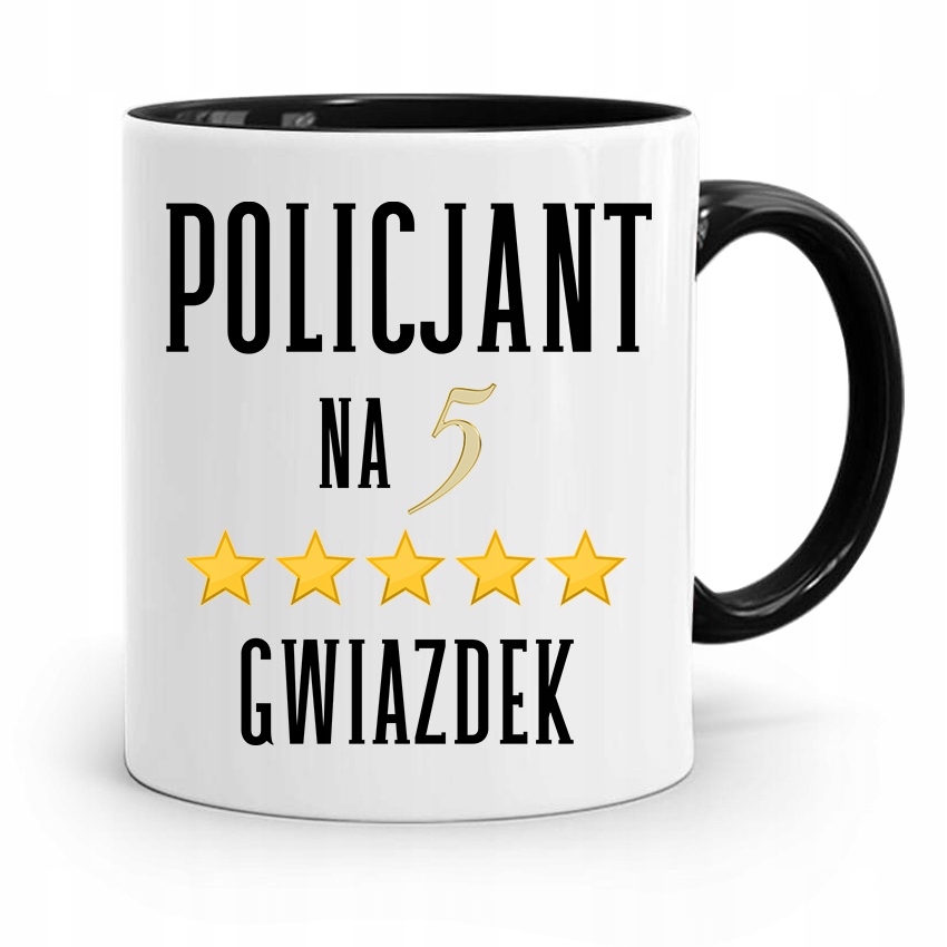 Kubek Czarny Dla Policjanta Na Pięć Gwiazdek Z Nadrukiem Ze Zdjęciem