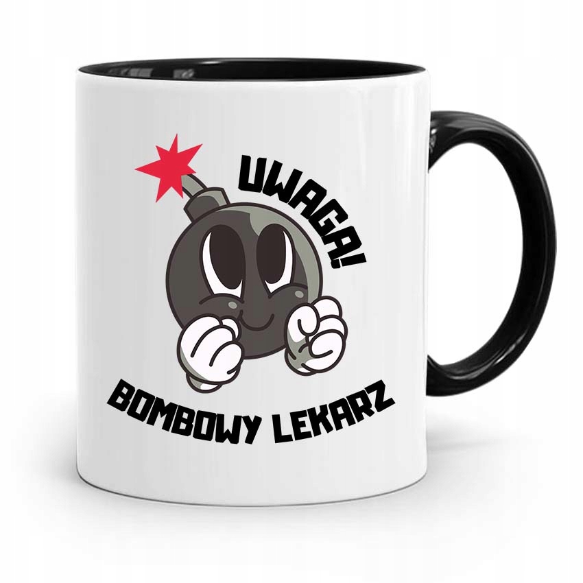 Kubek Czarny Dla Doktora Uwaga Bombowy Lekarz Z Nadrukiem Ze Zdjęciem